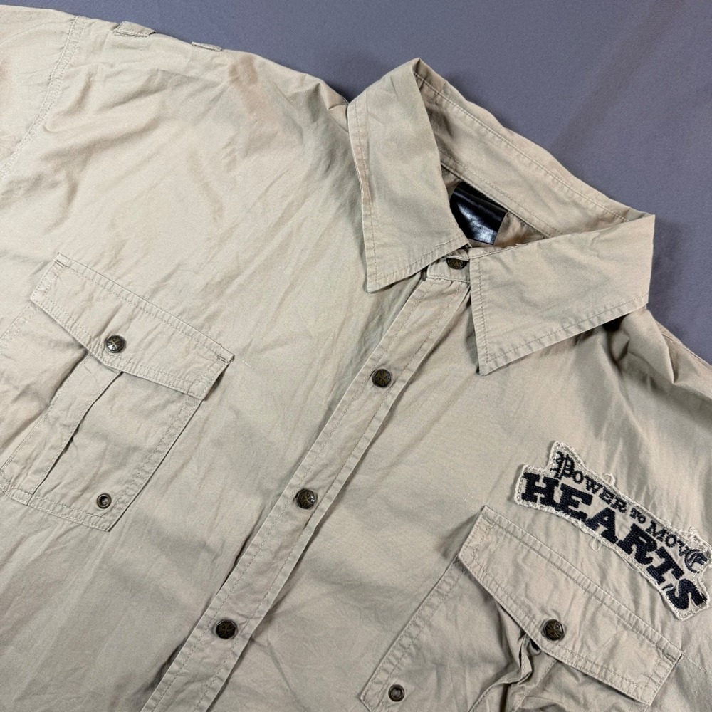 Y2K Streetwear Power to Move Hearts Khaki Button Down Shirt Wing Graphic XXL